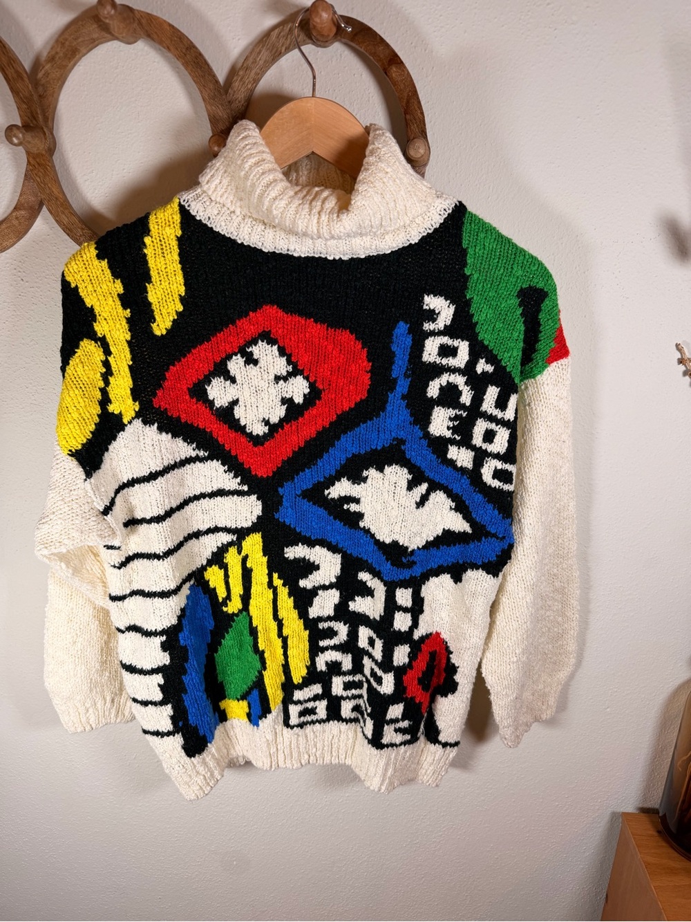 Vintage 80s 90s Chaus Abstract Intarsia Turtleneck Sweater M Wearable Art